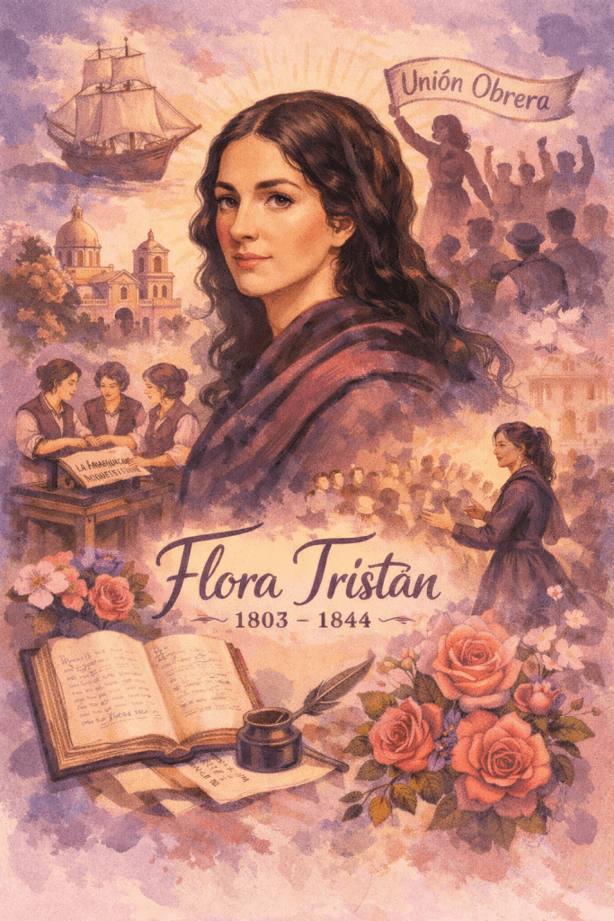 Ilustración artística dedicada a Flora Tristán, con su figura en el centro rodeada de escenas que representan su vida y legado: un barco de vela, edificios históricos, manifestaciones obreras con una pancarta que dice “Unión Obrera”, personas leyendo y escribiendo en grupo, y una persona hablando ante una multitud. En la parte inferior aparecen un libro abierto, una pluma con tintero y arreglos florales, junto al nombre “Flora Tristán 1803–1844” escrito en caligrafía decorativa. La composición utiliza tonos violetas, rosados y dorados que crean un ambiente evocador y poético.